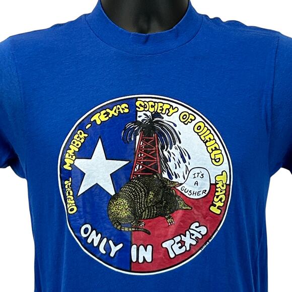 Vintage 80s Society of Oilfield Trash T Shirt Texas Oil Drilling Blue XS X-Small - Picture 1 of 8